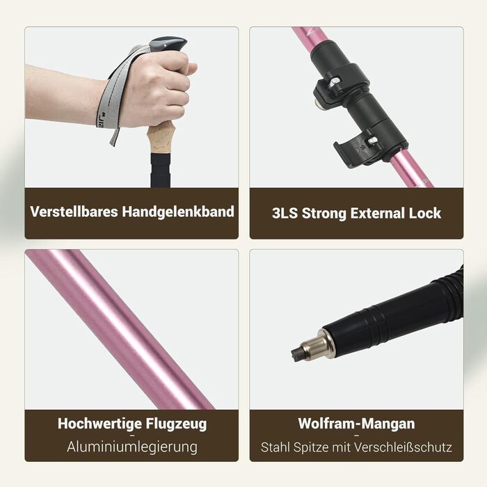 Жінські та чоловічі палиці для скандинавської ходьби 2 шт. Телескопічні, складні палиці для трекінгу з алюмінію з гумовими амортизаторами (Рожеві)