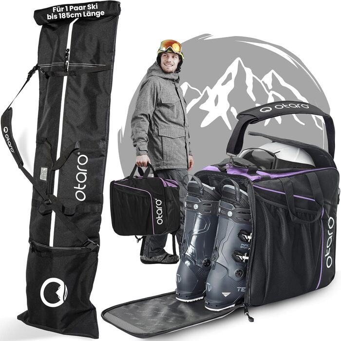 Набір мішок для лиж та черевиків Otaro: мішок для 1 пари лиж та мішок для 2 пар лиж, регульований, водонепроникний, міцні блискавки, м'який плечовий ремінь, зелений (фіолетовий)