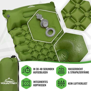 MOUNTREX Isomatte: туристичний килимок для кемпінгу, надувна матрац, легкий (700г), з насосом, зелений