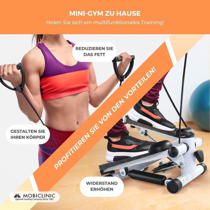 Mobiclinic® Fitness Stepper 2 в 1 Step Plus з тросами, багатофункціональний тренажер для дому, LCD дисплей, навантаження до 100 кг, регулювання опору