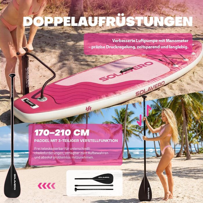 SUP дошка Solavero надувна з комплектом, 323x83x15 см, до 200 кг, рожевий джунглі - для початківців та сімей
