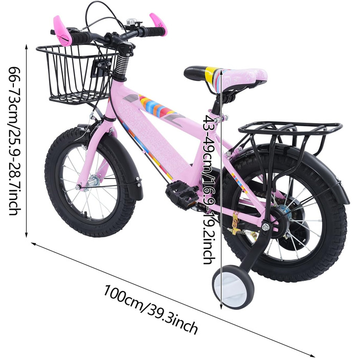 Дитячий велосипед 14 дюймів для хлопчиків та дівчаток з додатковими колесами, кошиком та заднім сидінням, регульована висота, сталевий велосипед для дітей 3-6 років, рожевий