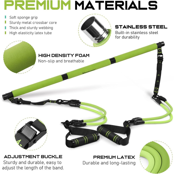 Pilates Bar Kit з гумовими стрічками Grün – багатофункціональний тренажер для пілатесу для жінок та чоловіків з міцною металевою пряжкою, обладнання для домашніх тренувань для всього тіла