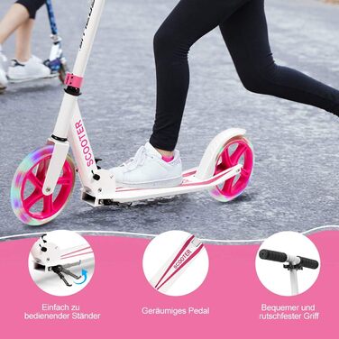 Дитячий трюковий самокат GOPLUS Roller Kinder 10 років, 3-ступенева регулювання висоти, алюмінієвий, з LED-колесами, гальмом, ременем та підставкою, до 100 кг (Рожевий)