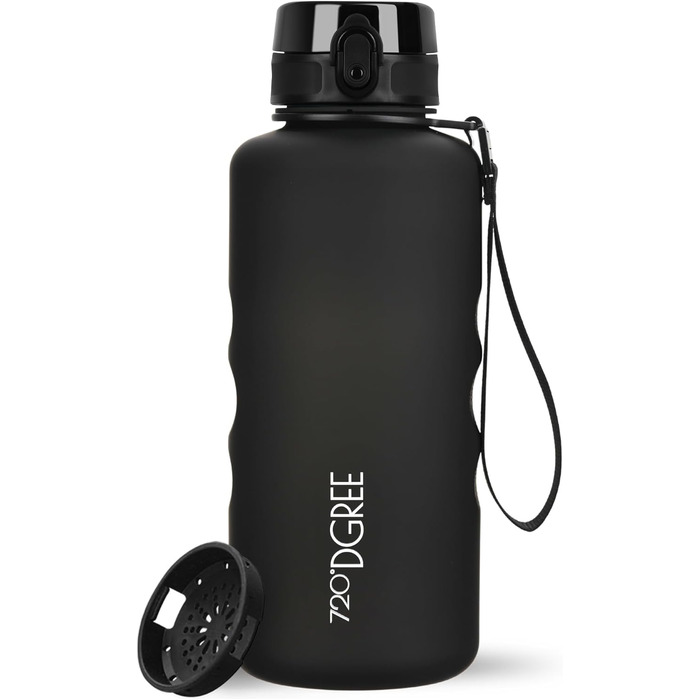 Спортивна пляшка для води 2 л 720°DGREE uberBottle з мотиваційною шкалою, знімною ручкою, ситечком, Tritan, BPA-free, для спорту, фітнесу, роботи, університету, чорна