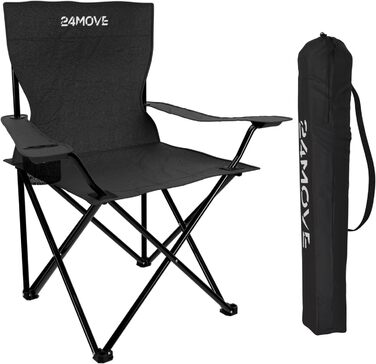 Складний стілець 24MOVE® для риболовлі та відпочинку на природі: чорний складаний стілець з підстаканником, для кемпінгу, саду та дому, поліестер