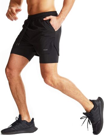 Чоловічі спортивні шорти для бігу 2 в 1, швидковисихаючі, легкі, для тренувань, гімнастики, аутдору, марафону, чорного кольору