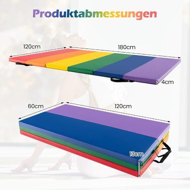 М'який килимок для гімнастики COSTWAY 180x120 см, складаний, з PU, з ручкою для перенесення - для фітнесу, спорту, дому, дітей та дорослих (Багатокольоровий)
