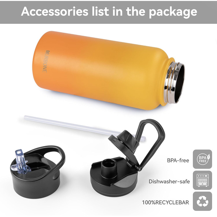 Термос пляшка з нержавіючої сталі 1 л, 2 кришки, трубочка, BPA Free, герметична, підходить для газованої води, вакуумна ізоляція, для спорту, подорожей, кемпінгу