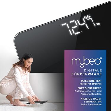 Електронні ваги MyBeo - ваги для тіла зі скла, 5-180 кг, великий LCD дисплей, kg/lb, датчики DMS, скло 6 мм, автоматичне вмикання, чорний колір