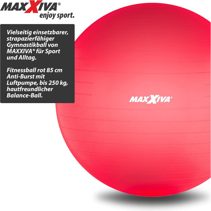 Фітнес-м'яч MAXXIVA 85 см червоний, анти-вибуховий, з насосом, для йоги, пілатесу, реабілітації та фітнесу, до 250 кг, гіпоалергенний
