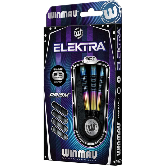 Дротики для дартсу WINMAU Elektra 18 г вольфрамові Softip, професійний набір з оперенням та стрижнями