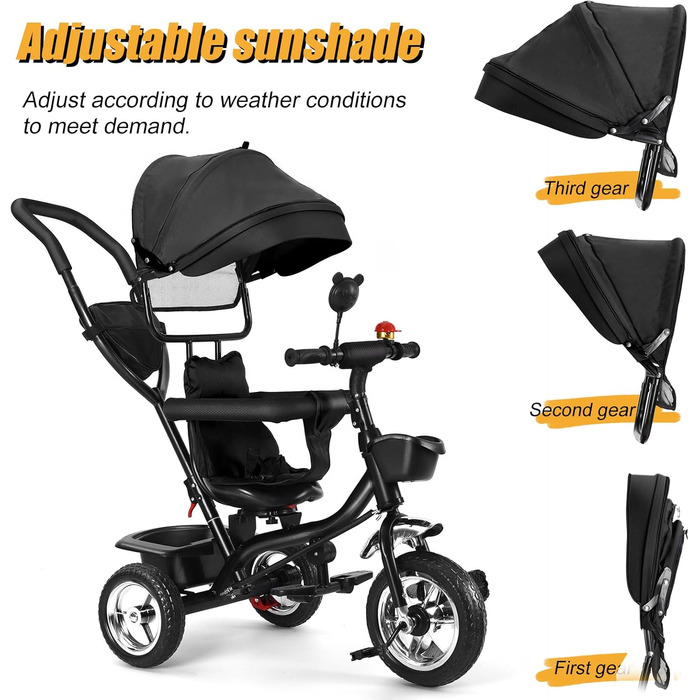 Триколісний велосипед для малюків 5 в 1, росте разом з дитиною, велосипед-коляска, поворотний сидіння 360°, штовхач, знімний капюшон, ремінь безпеки 3-точ., кошик, 1-5 років (5 в 1), чорний