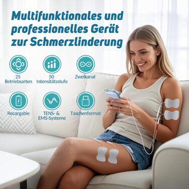 Пристрій TENS для терапії болю, EMS, 2 канали, 25 режимів, 50 рівнів інтенсивності, 10 електродів (синій)