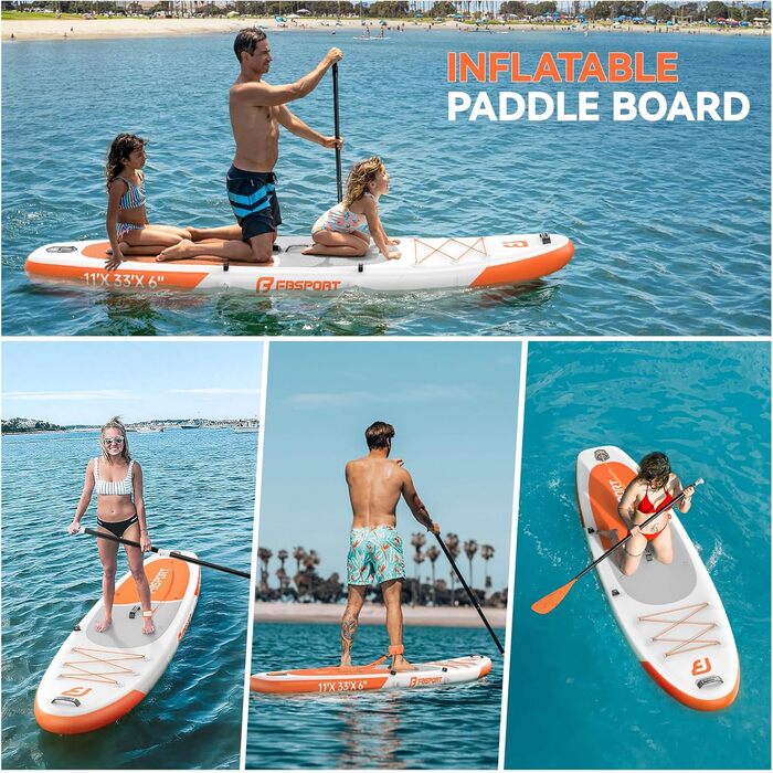 FBSPORT SUP дошка Stand Up Paddle 335 см для дорослих, надувна, з антиковзким покриттям, 160 кг, комплект з насосом та аксесуарами для йоги, подорожей, серфінгу, помаранчевий