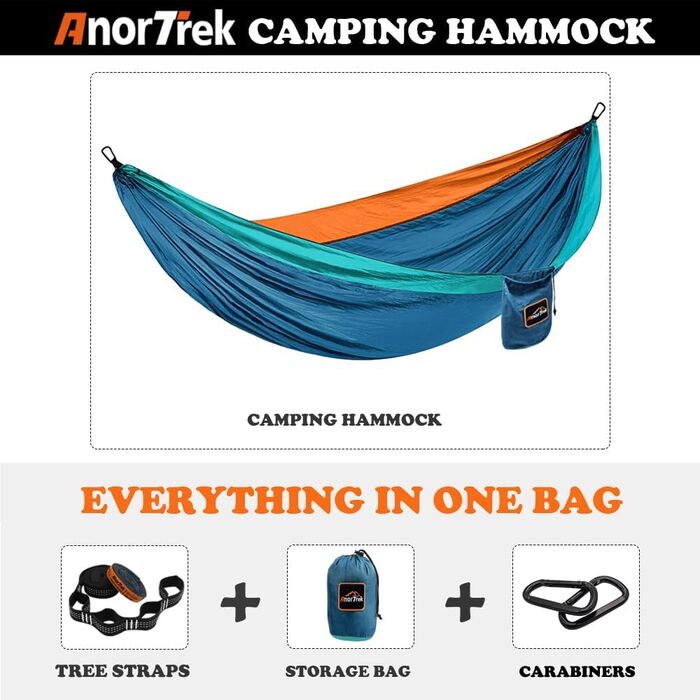 Гамак Anortrek Outdoor для відпочинку на природі, 280x140 см, 249 кг, з ременями для дерев, дихаючий нейлон, для кемпінгу, подорожей, відпочинку в саду (Blue/ Dark Blue/ Orange)