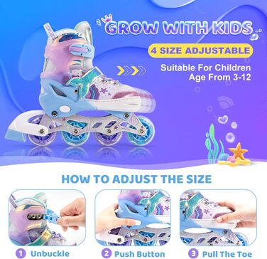 Інлайнери NEMONE для дівчаток, 4 розміри, регульовані, блакитний/фіолетовий, для дому та вулиці, розмір 37-39 EU, модель 'Морська русалка'