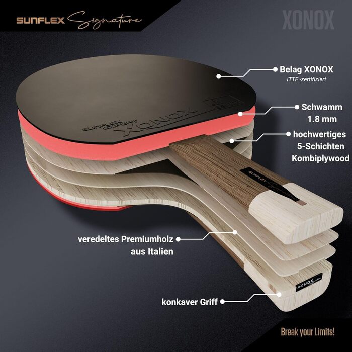 Sunflex ITTF Сертифікована професійна ракетка для настільного тенісу Signature Line з високоякісного дерева, турнірне покриття, для досвідчених гравців і змагального рівня, у магнітній коробці Xonox