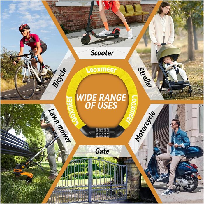 Замок для велосипеда з цифровим кодом, 11 кольорів, 90 см, рівень безпеки 8, 5-значний, для велосипеда, мотоцикла, ролера, дверей (жовтий)