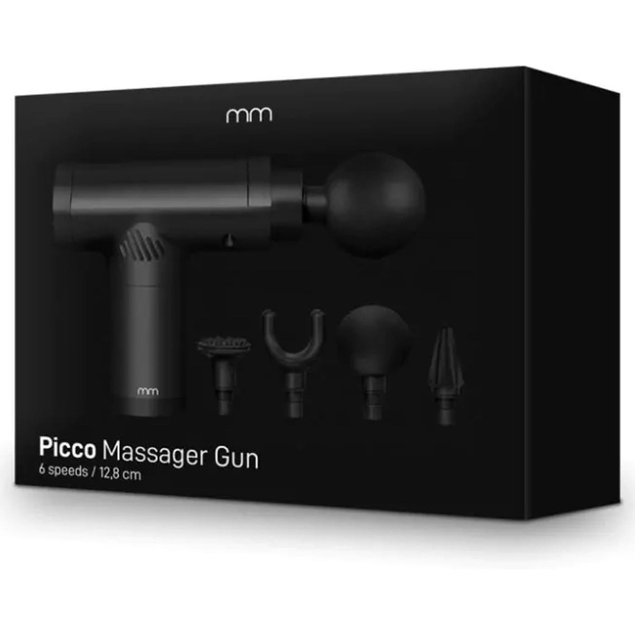 Масажний пістолет MikaMax Picco, компактний, 6 швидкостей, 1200мАг, 4 насадки, USB-C, для глибокого масажу м'язів