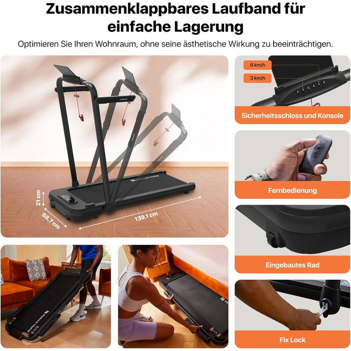Електричний біговий тренажер Mobvoi Home Laufband SE 2.5 PS, 12 км/год, компактний, складний, з пультом ДУ, для дому, з додатком TicSports, чорний