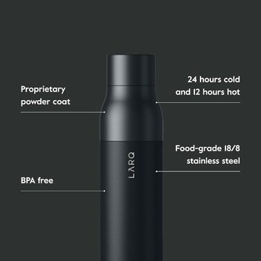 Термобутилка LARQ Twist Top 500 мл, ізольована сталева, BPA-free, для води, збереження температури, чорна, для офісу, подорожей, кемпінгу