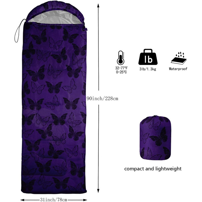 Спальний мішок HOSIMA з принтом футболу, для холодного клімату, дорослий, дитячий, водонепроникний, для кемпінгу, походів, відпочинку на природі, подорожей, полювання, компресійний мішок (метелик)