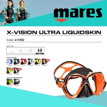 Доросла маска для дайвінгу Mares X-Vision Ultra LiquidSkin, чорна/помаранчева, універсальний розмір