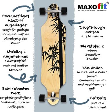 Лонгборд MAXOfit у різних дизайнах, з якісною декою з клена/бамбука для початківців та досвідчених Crow