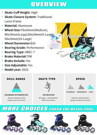 Роликові ковзани Nattork для дітей та дорослих, 4 розміри, регульовані, турквіс, X-Large (EU 37-40/240-260)