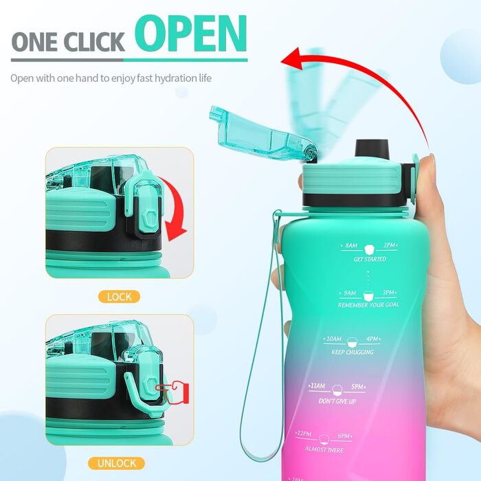 Дитяча спортивна пляшка для води Niggeey 2 л, мотиваційна, з часом, BPA-free, тритан, герметична, для школи, спорту, фітнесу, зелено-фіолетова