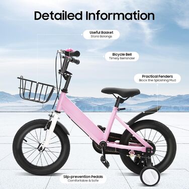 Дитячий велосипед 14 дюймів, регульована висота, рожевий велосипед для дівчаток 3-5 років. З додатковими колесами та кошиком. Ідеальний для навчання та катання на вулиці.