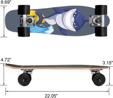 Скейтборд KO-ON 22 дюйми Mini Cruiser для початківців, підлітків, хлопчиків та дівчаток (Surf Shark)