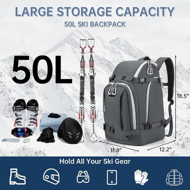 Рюкзак для лиж та сноуборду 50L з кишенями для черевиків, шолома, окулярів, рукавичок та аксесуарів, сірий