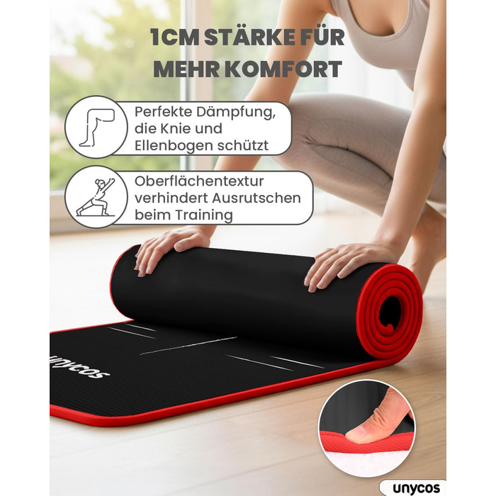 Килимок для йоги Unycos з неслизькою поверхнею | Висока щільність 6/10/15 мм, фітнес-килимок для гімнастики з ременем для перенесення【включено E-Book】Шкірно-дружній килимок для пілатесу, тренувань, спортзалу (#17 Чорний + Червоний, 183*66*1 см)