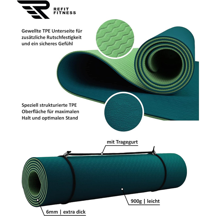 Килимок для йоги REFIT FITNESS Perfect-Fit 190 x 60 x 0,6 см з покриттям GeckoGrip & Sensi-Plus TPE. Безпечний, неслизький, з ручкою для перенесення. Підходить для фітнесу та гімнастики.