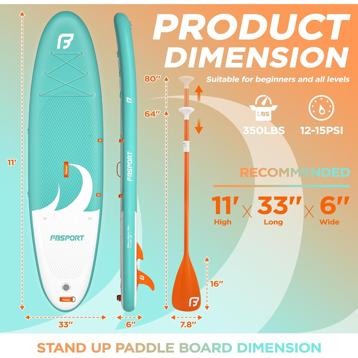 Надувний SUP дошка FBSPORT для сплаву та серфінгу, 335x84x15 см, з аксесуарами (Cyan)