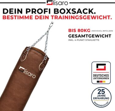 Боксерський мішок Lisaro Profi 150 см | Для будь-якого виду спорту | 40 кг | З наповнювачем/без наповнювача | Сталева ланцюгова підвіска | Штучна шкіра (вініл) | Студійна якість | Колір: Коричневий