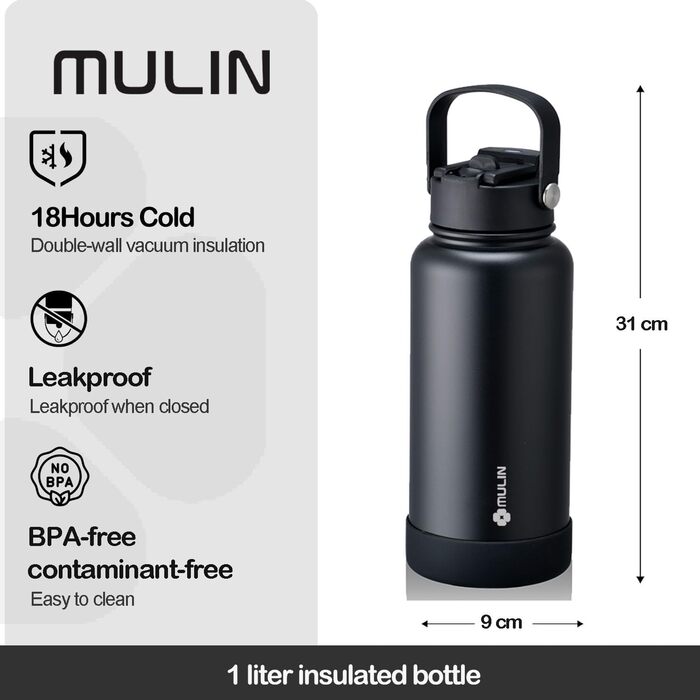 Термос- пляшка з нержавіючої сталі 1л, BPA-Free, ізоляційна, з трубочкою, герметична, для води та напоїв з газом, для дітей, спорту, фітнесу
