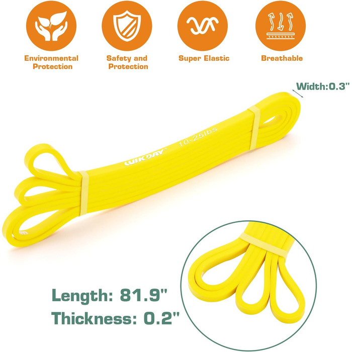 Гумові стрічки для фітнесу та розтяжки, набір для Crossfit та домашніх тренувань, різні рівні опору (3,6–56,7 кг) + додаткова жовта (4,5–11,3 кг)