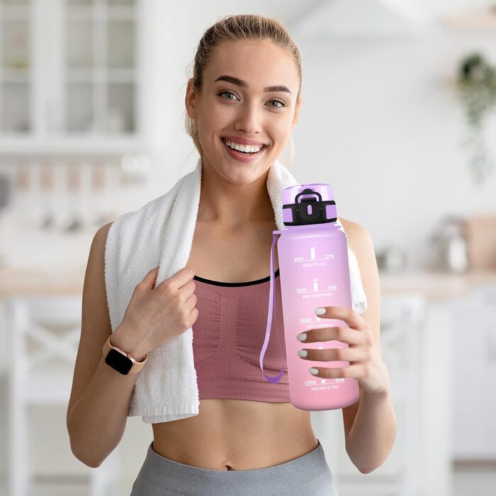 Спортивна пляшка для води 1 літр, без витоку, з позначками часу, для велосипеда, школи, офісу, фітнесу (1500 мл, Ірис-рожевий)