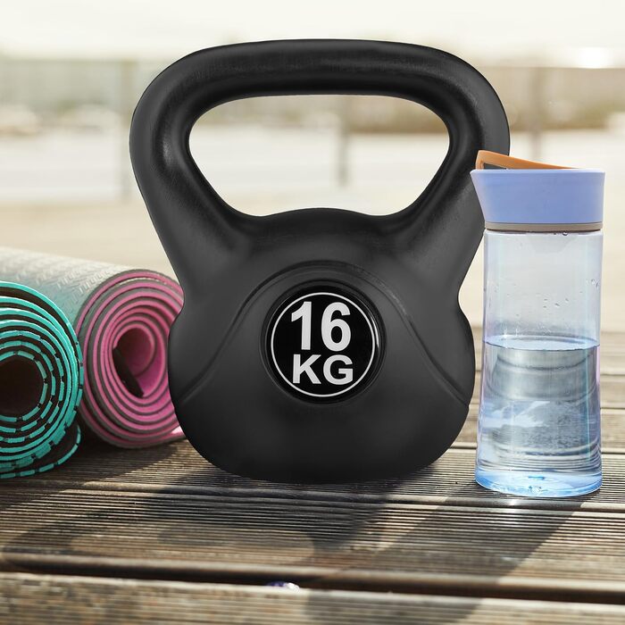 Kettlebell Relaxdays 16 кг, пластикова гиря для фітнесу, чорна, для жінок і чоловіків