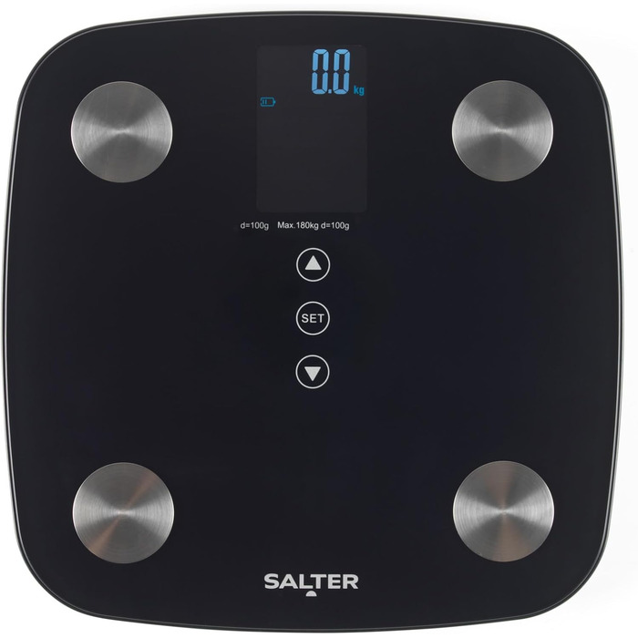 Електронна вага Salter для аналізу складу тіла – розумна вага з мультидисплеєм, 180 кг, 17 показників тіла (вага, жир, вода, м'язи, кістки, BMI, BMR), чорний колір