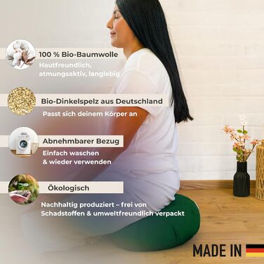 Зігзафкуш для медитації Inner Peace | Йога-подушка з екологічної дінкової наповнювачем | Подушка для медитації у формі півмісяця | Зроблено в Німеччині | Зручний знімний чохол з 100% органічної бавовни (лісово-зелений)