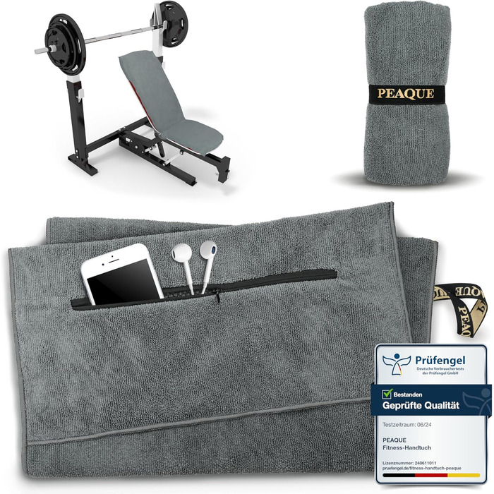 Рушник для фітнесу PEAQUE з кишенею на блискавці | Мікрофібра з фротте-структурою | Спортивний рушник для тренажерного залу | М'який, швидковисихаючий (Сірий, 120 x 50 см)
