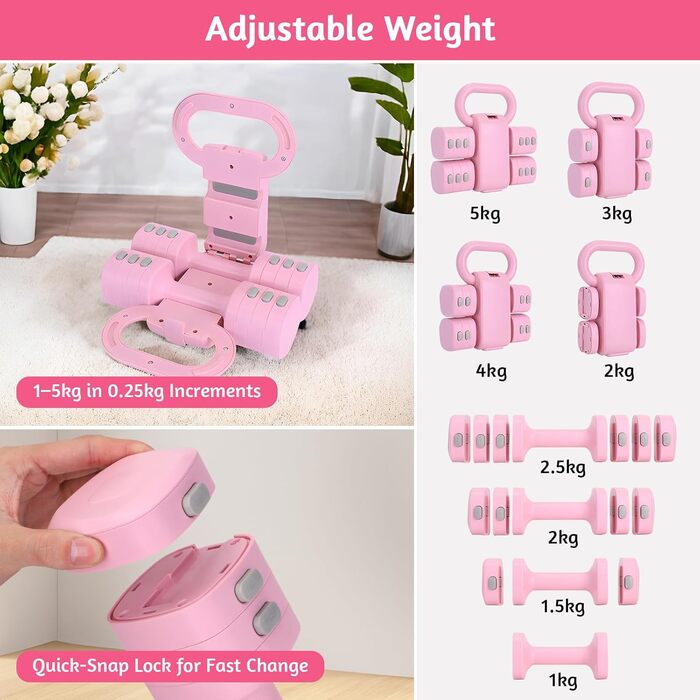 Регульований набір гантелей-кетлбелів для жінок 1 кг, рожевий (2-в-1) для фітнесу вдома
