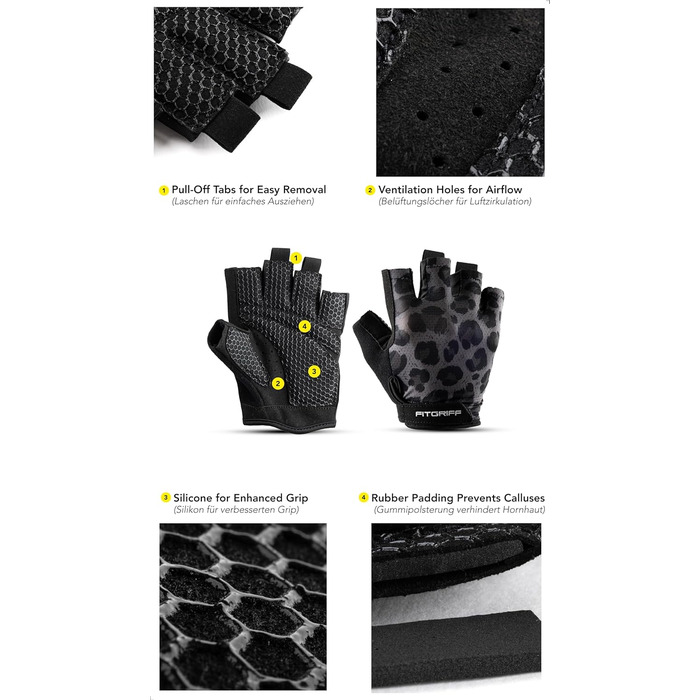 Тренувальні рукавички Fitgriff® для жінок та чоловіків - фітнес рукавички для силових тренувань, важкої атлетики, занять у спортзалі, воркауту, рукавички для підйому ваги 7 Leopard