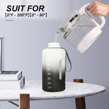 Спортивна пляшка для води GEMFUL 2.2L з ручкою та позначками часу - ідеальна для фітнесу та повсякденного використання (Чорний/Білий)