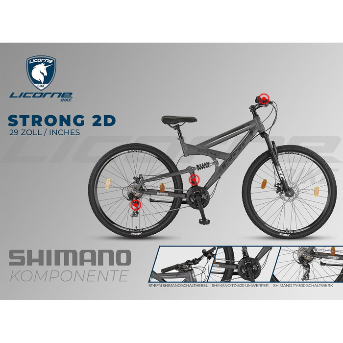 Гірський велосипед Licorne Bike Strong 2D Premium 29 дюймів, дискові гальма, 21 швидкість, повна амортизація, антрацит, для хлопців, дівчат, жінок і чоловіків