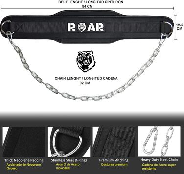 Пояс для підтягувань і кросфіту Roar®, шкіряний, з ланцюгом, для кросфіту, бодібілдингу, важкої атлетики, чорний